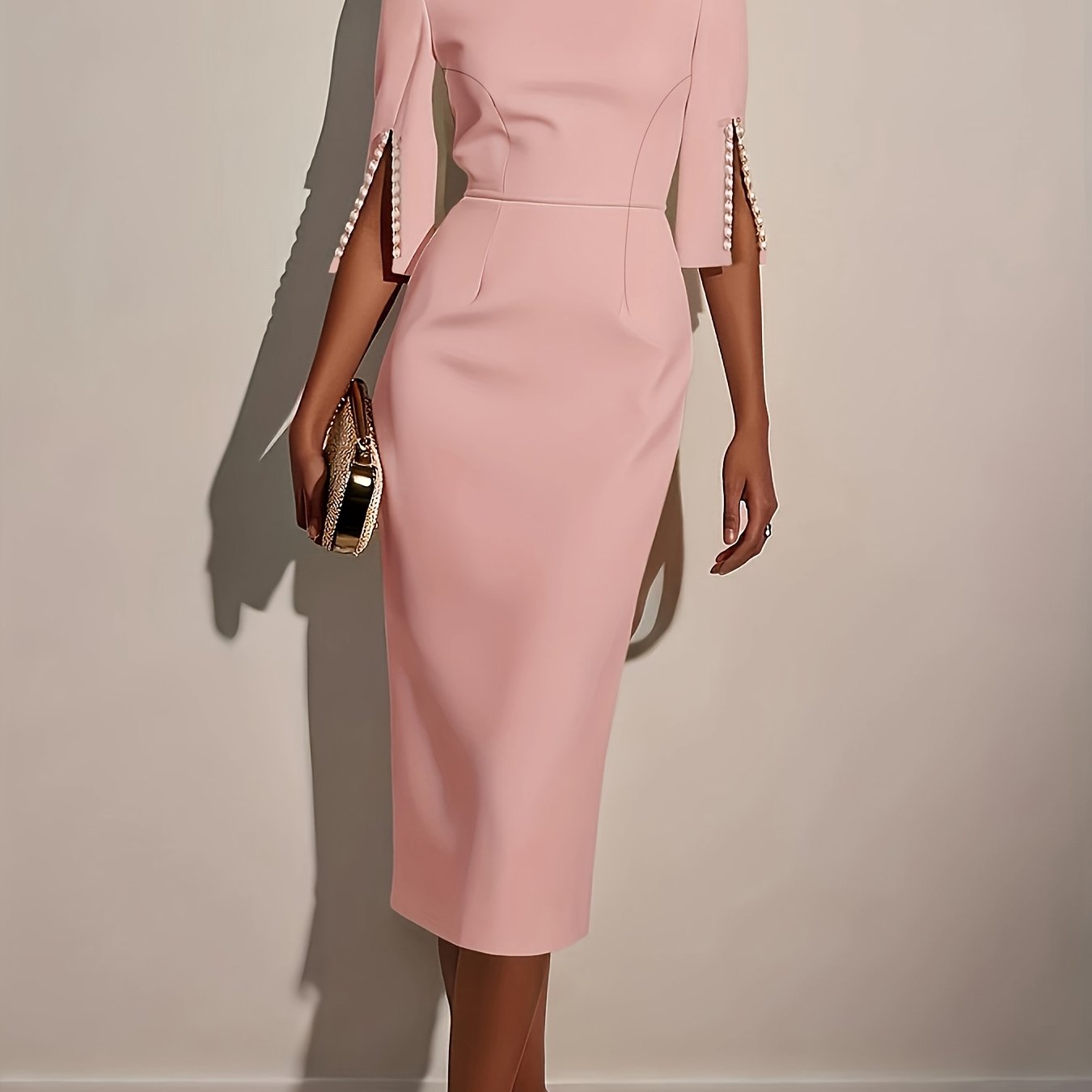 A woman wears a light pink knee-length pencil dress with split sleeves detailed with pearls.