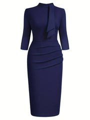 A navy blue knee-length sheath dress with three-quarter sleeves, a tie-neck, and draped waist.