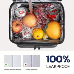 An open black insulated lunch cooler bag filled with water, ice, fruit, and canned drinks.