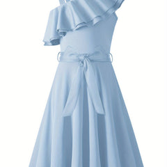 Girl's Sleeveless Polka Dot A-Line Dress with Ruffled One-Shoulder Design and Waist Bow - Black & White Summer Dress for Youngsters 5-12 Years