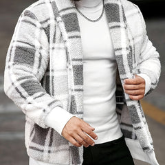 Men'S Plush Jacket - Black & Yellow Checkered Coat, Soft Thermal Insulation Lightweight Outerwear for Fall/Winter, Minimalist Formal & Everyday Blazers, Easy-Care Non-Lined Design, Fall Fashion, Classic Collar, Durable Constr