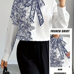 Women's Elegant Blouse - Semi-Sheer Buttoned-up Shirt with Floral bow tie, White & Navy Blue Floral Print, Long Sleeve Office Party Top for Women, Sophisticated Attire, Classic Collared Design, Detailed Print Design