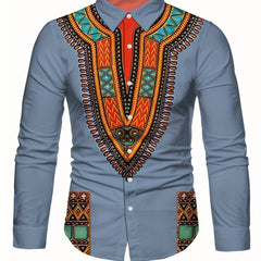 Men'S Elegant Mandala Print Long Sleeve Dress Shirt - Light Blue, Button-Up with Lapel Collar, Regular Fit for Formal or Casual Occasions, Nonstretch Fabric