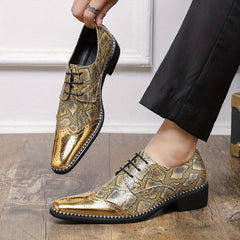 Men's gold and snakeskin-patterned oxford dress shoes with a metallic toe cap and rubber sole.