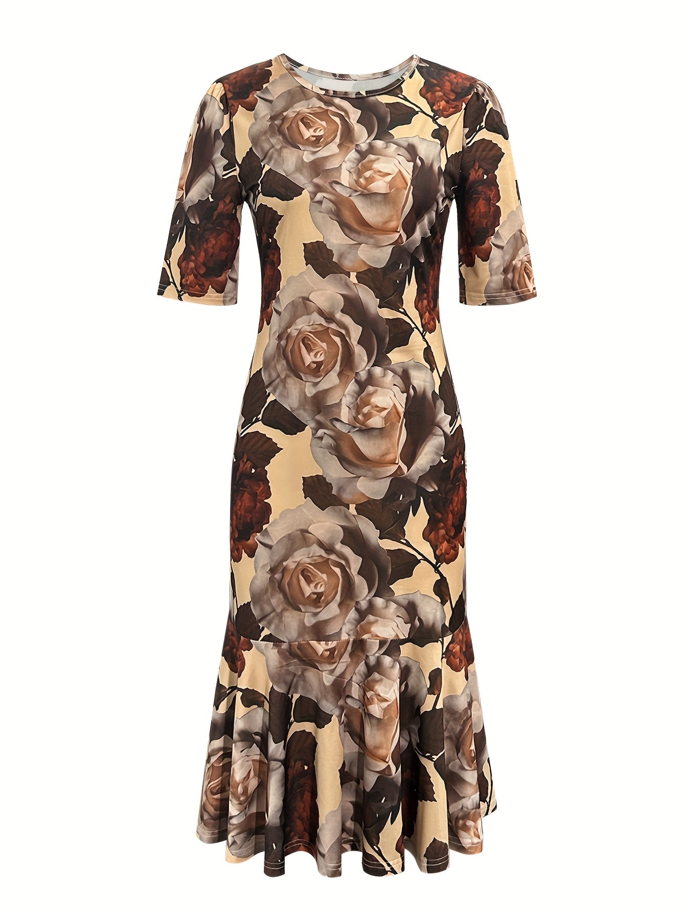 A retro-style midi dress featuring a floral print on a tan background with a crew neck and peplum hem.