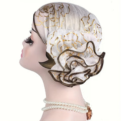 4pcs Elegant Floral Lace Turban Hats for Women - Stretchy Lightweight Breathable Polyester Hijab Scarf with Ruffled Edges, 4 Colors (White/Blue/Red/Golden) for Ramadan, Chemo, Everyday Glamour, Stylish Headwear, Sophisticated
