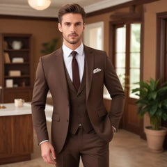 Dark Brown Suits for Men Fashion Single Breasted Solid Male Suit Fashion Business Casual Formal Wedding Party Tuxedo 3 Piece - SHOWLU FASHION STORE