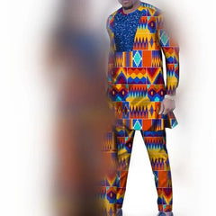 A man wears a long-sleeved shirt and matching trousers featuring a vibrant, geometric African print.