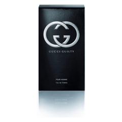 A black rectangular box of Gucci Guilty Pour Homme Eau de Toilette with a silver logo.
