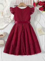Girls Dress Lace Fly Sleeve Round Neck Casual Dress Fashion Summer Dress with Belt