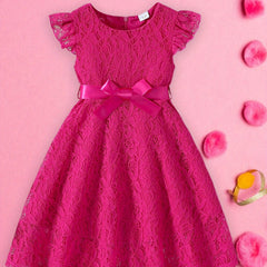 Girls Dress Lace Fly Sleeve Round Neck Casual Dress Fashion Summer Dress with Belt