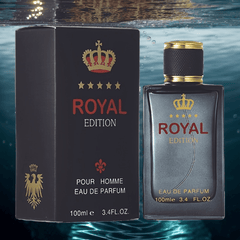 A bottle of Royal Edition eau de parfum for men stands next to its black rectangular box.