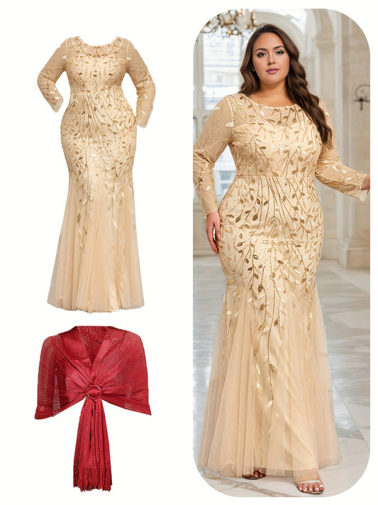 Elegant Plus Size Sequin Embroidered Mermaid Hem Dress with Matching Shawl - Long Sleeve, Crew Neck, Floral Pattern, Beige/Golden & Red Options, Perfect for Weddings, Proms, and Formal Events, Elegant Event Clothing | Glamoro SHOWLU FASHION STORE