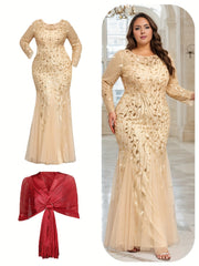 A beige long-sleeve mermaid dress with gold sequin embroidery and a matching red shawl.