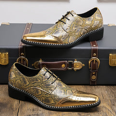 Men's golden lace-up brogues featuring a snakeskin pattern and a polished pointed toe.