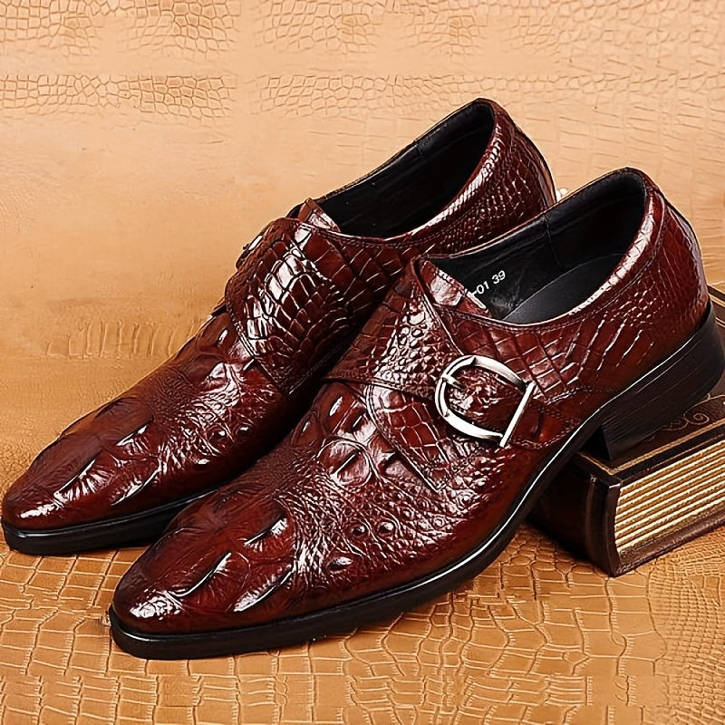 Men's glossy red crocodile print loafers with a pointed toe and a silver side buckle.