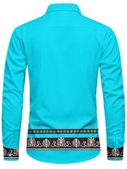 Men'S Long Sleeve Ethnic Style Shirt - Vibrant Turquoise with Black & Golden Floral Pattern, Button-Up Collar, Non-Stretch Fabric, Perfect for Spring/Fall Casual Wear, Spring Fashion Shirt | Floral Pattern Shirt | Nonstretch