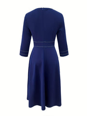A navy blue A-line dress with three-quarter sleeves and white contrast stitching at the waist.