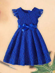 Girls Dress Lace Fly Sleeve Round Neck Casual Dress Fashion Summer Dress with Belt