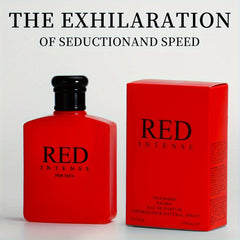A bottle of Red Intense eau de parfum for men stands next to its matching red rectangular box.