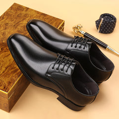 Men's Formal Business Wedding Oxford Derby Shoes - Low-Top Lace-Up Dress Shoes with Glossy Brown/Black Stripe, Pointed Toe & Rubber Sole - British Style for Office, Conference, Prom (No Maintenance Required)