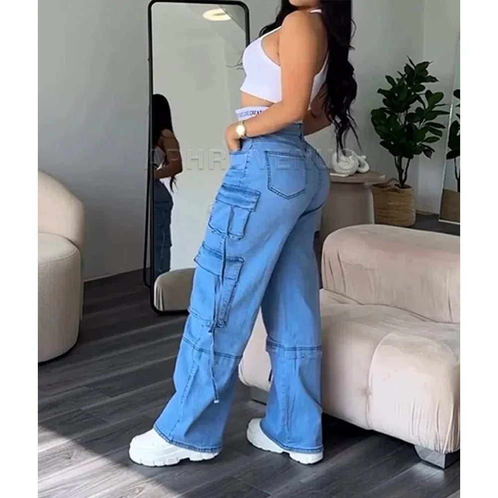 Denim Straight Jeans Wide Leg Women High Waist Loose Pants Y2K Trousers Hip - hop Streetwear Waist Colorblocked Design Loose Jeans - SHOWLU FASHION STORE