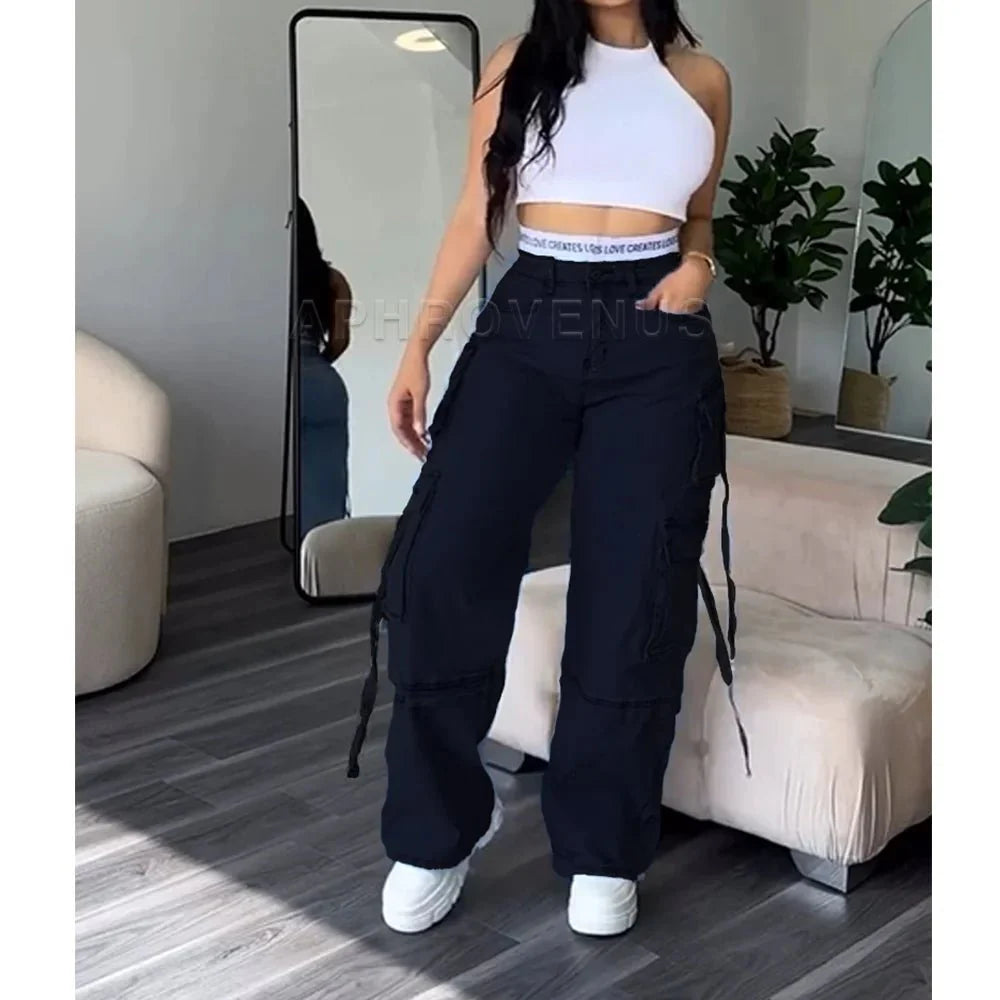 Denim Straight Jeans Wide Leg Women High Waist Loose Pants Y2K Trousers Hip - hop Streetwear Waist Colorblocked Design Loose Jeans - SHOWLU FASHION STORE