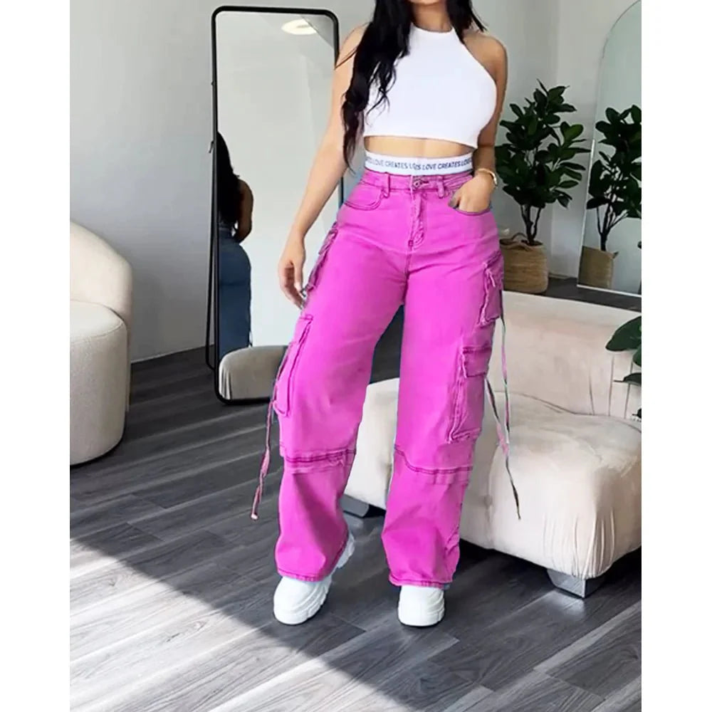 Denim Straight Jeans Wide Leg Women High Waist Loose Pants Y2K Trousers Hip - hop Streetwear Waist Colorblocked Design Loose Jeans - SHOWLU FASHION STORE