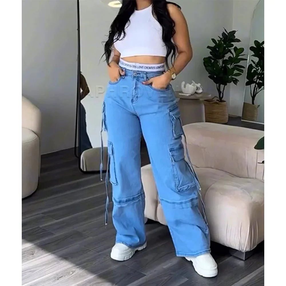 Denim Straight Jeans Wide Leg Women High Waist Loose Pants Y2K Trousers Hip - hop Streetwear Waist Colorblocked Design Loose Jeans - SHOWLU FASHION STORE