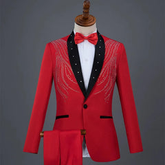A red single-breasted blazer with a black shawl collar and decorative rhinestone patterns.