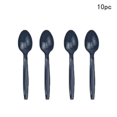 Four black disposable plastic spoons are arranged in a row against a white background.