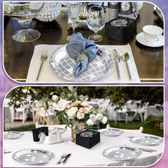 A disco ball themed disposable tableware set featuring black and silver plates, napkins, and cups.