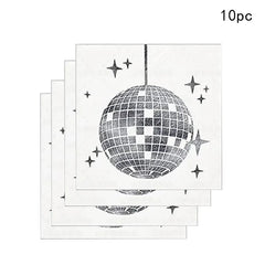 A stack of ten square paper napkins featuring a black and white illustration of a disco ball.