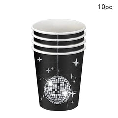 A stack of ten black paper cups decorated with a silver disco ball and star pattern.