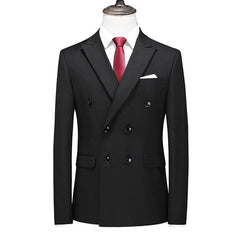 A black double-breasted slim-fit suit jacket with a red tie and white pocket square.
