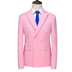 A light pink double-breasted slim-fit suit jacket with white buttons and a white pocket square.