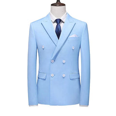 A light blue double-breasted slim-fit suit jacket with a white pocket square on a mannequin.