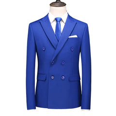 A royal blue double-breasted slim-fit suit jacket with a white shirt and blue tie.