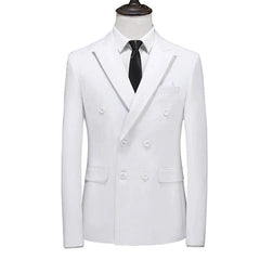 A white double-breasted slim-fit suit jacket with a black tie on a mannequin.