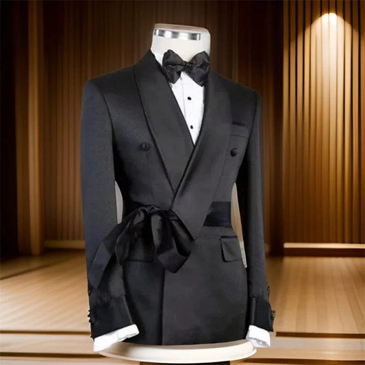 Double Breasted Suit Jacket for Men Wedding 2024 Shawl Lapel Slim Fit Groom Blazer with Belt 1 Pc Fashion Coat - SHOWLU FASHION STORE