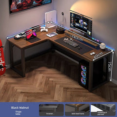 An L-shaped computer desk with a black walnut finish and a black steel frame.