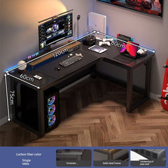 An L-shaped computer desk with a carbon fiber finish and a black steel frame.