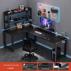 An L-shaped computer desk with a built-in bookshelf and dark wood finish.