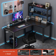 An L-shaped black walnut computer desk with an integrated bookshelf and a metal frame.