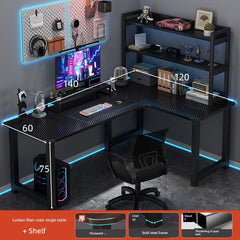 An L-shaped computer desk with a carbon fiber finish and an integrated multi-tier bookshelf.