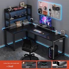 An L-shaped computer desk with a carbon fiber finish, integrated shelving, and a steel frame.