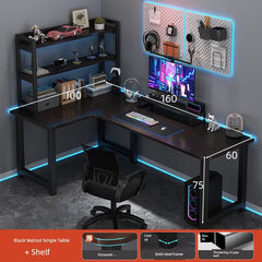An L-shaped computer desk with a built-in bookshelf and a dark wood finish.