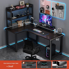 An L-shaped computer desk with an integrated bookshelf and a dark wood finish.