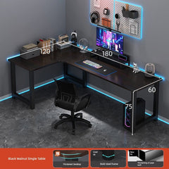 An L-shaped computer desk with a black walnut finish and a sturdy steel frame.