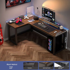 An L-shaped corner computer desk with a black walnut finish and a sturdy steel frame.